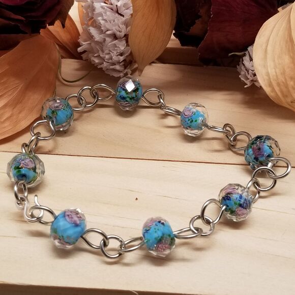 Blue Rose Glass Bead Chain Bracelet - Picture 3 of 7